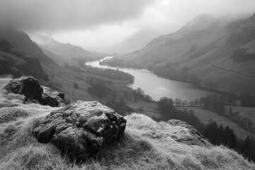 A peaceful black and white landscape of Lake District inspired nature in England