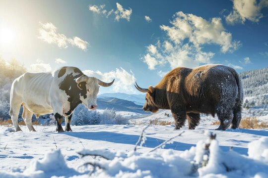 Majestic yaks standing in the snow under the radiant sun on a sunny day in the mountains