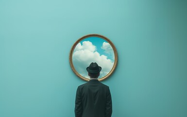 Gentleman in a formal attire standing in front of the mirror with a cloudy sky. Hopes, dreams conceptual background. - 751597981