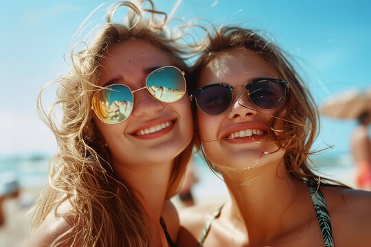 two beautiful young women posing on the beach together