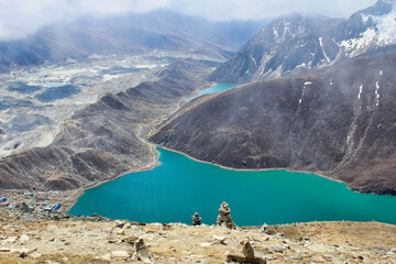 Spectacular view of the emerald green Gokyo 2nd and 3rd lake,listed as Ramsar wetlands. along with...
