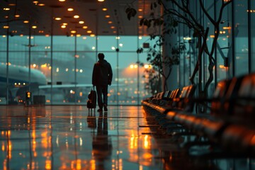 terminal, flight, travel, trip, departure, journey, plane, boarding, vacation, background. a man standing at the airport terminal looking through a terminal windows as he want to boarding on flight. - obrazy, fototapety, plakaty