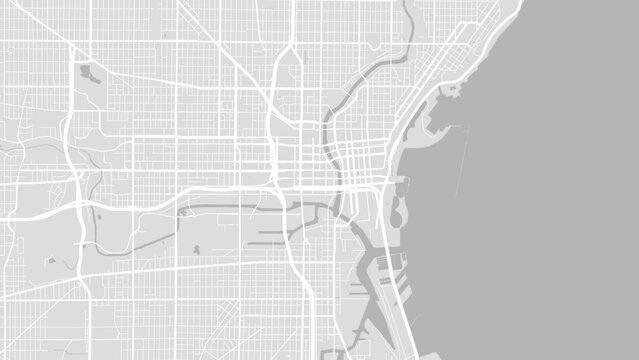 Background Milwaukee map, USA, white and light grey city poster. Vector map with roads and water.