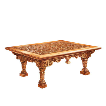 Wooden coffee table with intricate carvings watercolor illustration, furniture clipart