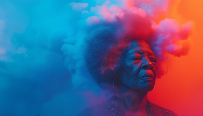 Extravagant African-American senior woman surrounded by vibrant colorful clouds. Black history and future contrasting background. - 751598523