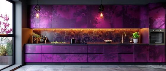 A 3D rendering of a purple kitchen in a studio apartment. Smart apartment interiors.