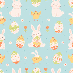 Easter seamless pattern with painted eggs, rabbits, chickens, flowers. Easter and spring elements. Vector illustration in flat style