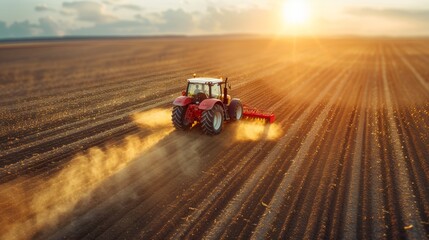 Tractor fertilizes a cultivated agricultural field from the air.