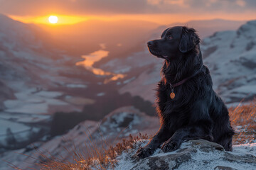 A dog sitting on top of a mountain in the Lake District with a beautiful view in the background of English mountains and countryside - obrazy, fototapety, plakaty
