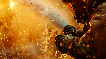 Tuinposter Firefighters battle a massive blaze with powerful hoses, amidst a dramatic explosion of flames and sparks © ritfuse