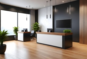 Fototapeta na wymiar Clean wooden and concrete office interior with reception desk and sunlight. 3D Rendering