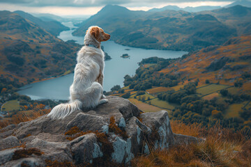 A dog sitting on top of a mountain in the Lake District with a beautiful view in the background of English mountains and countryside - 751598939