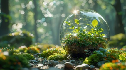 Globe Glass In Green Forest With Sunlight Environment Concept