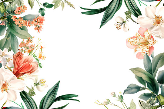A sophisticated frame created by an assortment of vibrant botanical illustrations, offering a classical touch for creative projects and design backdrops © ritfuse