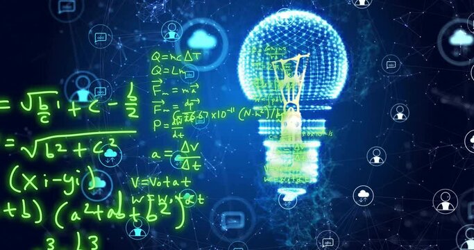 Animation of mathematical equations over light bulb, data icons and networks on dark background