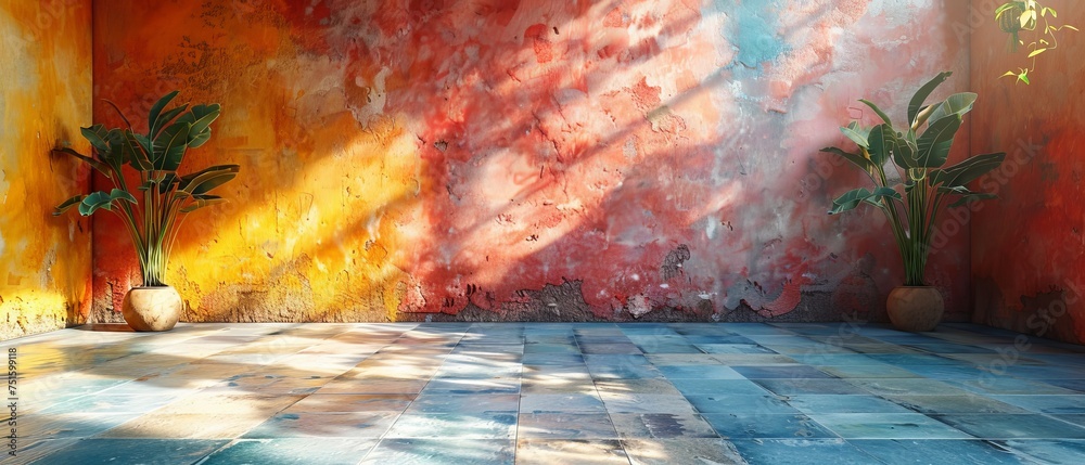 Leinwandbilder The background is a blank colorful wall with a falling shadow. 3D rendering of the wall with shadows applied.
