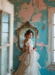 Bride in a white dress standing next to to a mirror in a old ruined room. Elegance and ruggedness contrasting background. - 751599103