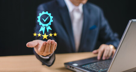 Quality Assurance Concept. Business high quality assurance mark certificate, good service warranty,...