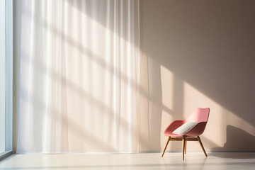 A pink chair sits in front of a window, with the sunlight shining on it. The room is empty and the chair is the only piece of furniture