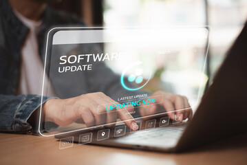 Update software system concept. Upgrade installation business app and software update process on...
