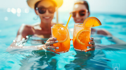 Two young women on vacation holding orange cocktails while sitting in a pool