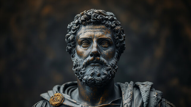 Black and Gold Statue of Marcus Aurelius, Stoicism, Generative AI.