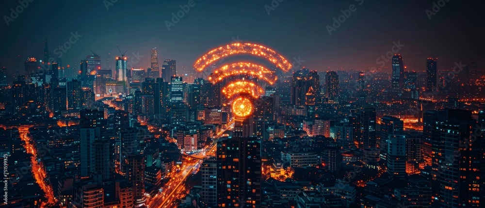 Poster Cityscape and network connection concept for a smart city based on WiFi icon.