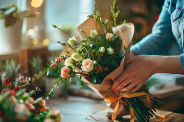 A female florist ties a ribbon bow on a bouquet of flowers wrapped in craft paper on the desktop.