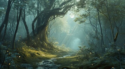 Enchanted Forest Scene with Sunbeams, Ancient Tree, Lush Greenery, and Magical Atmosphere