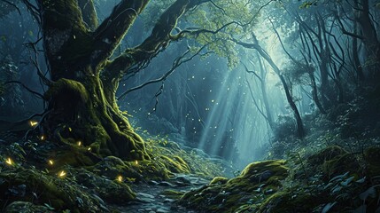 Sunbeam Illuminated Enchanted Forest with Ancient Tree and Mossy Boulders - obrazy, fototapety, plakaty
