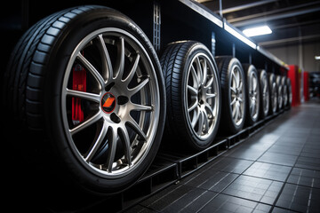 A row of tires are on display in a store. The tires are silver and black, and they are arranged in a neat row. The store has a modern and sleek design, which complements the appearance of the tires - obrazy, fototapety, plakaty