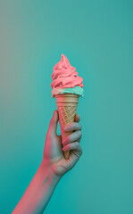 Summer, hot weather copy space. Hand holding a soft ice cream cone against pastel teal background. - 751599365