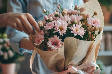 A female florist ties a ribbon bow on a bouquet of flowers wrapped in craft paper on the desktop.