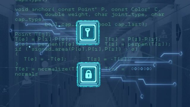 Animation of padlock and key icons with circuit board and data processing over computer servers