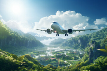 Fototapeta premium Passenger airplane flying above sky during beautiful mountain Created with Generative AI technology.