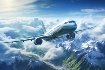 Naklejka premium Passenger airplane flying above sky during beautiful mountain Created with Generative AI technology.