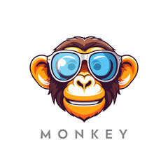 Creative colorful funny monkey mascot logo.
Chimpanzee with sunglasses on colorful gradient, cartoon style, digital vector illustration.