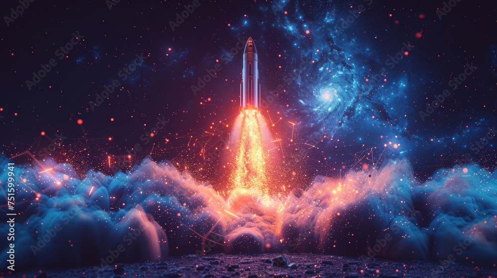 Aufkleber Abstract rocket launch from a smartphone. Low poly design using wireframe light connections. Blue geometric background. Isolated  illustration.