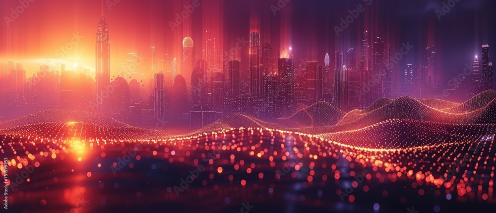 Fototapete A smart city concept consists of abstract dots connected with gradient lines and an intricate wave line design.