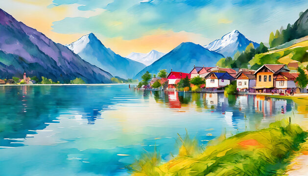Watercolor painting of landscape with mountains and houses on the lake. Natural scenery.