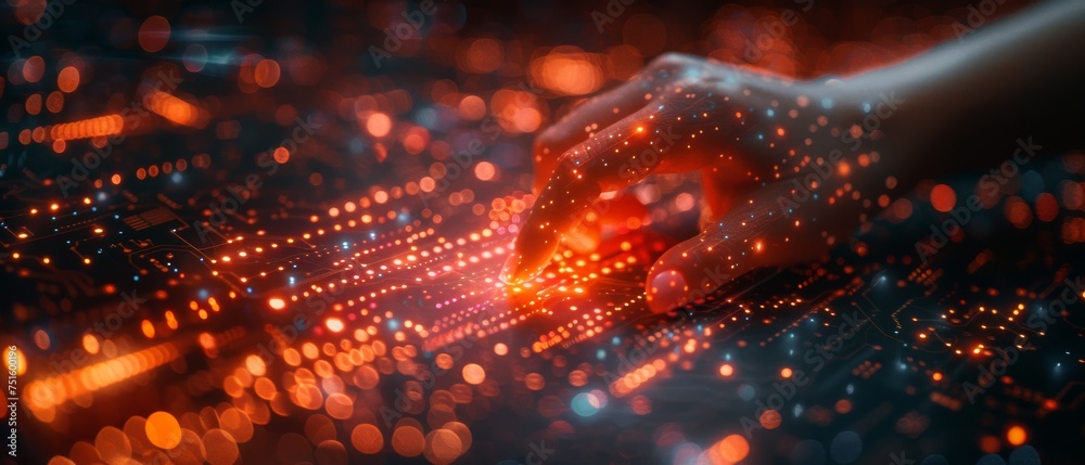 Poster a female hand pointing at abstract glowing cubes against a blurry circuit background. double exposur