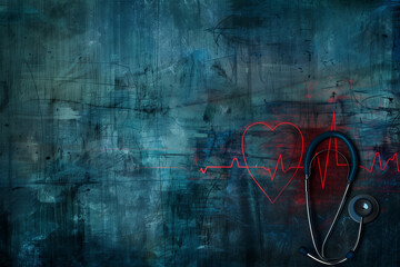 Artistic medical background with heart rhythm and stethoscope.