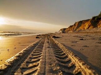 Car tires on the sand of the beach. Summer trip.