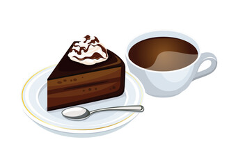 Chocolate cake and cup of coffee drink vector illustration. Cup of coffee and chocolate cake with whipped cream icon set vector isolated on a white background. Piece of cake drawing