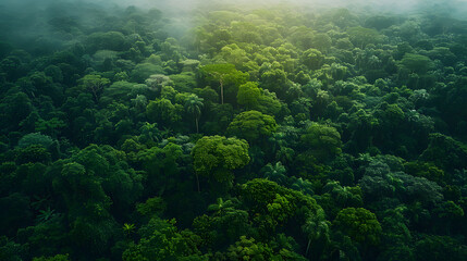 Aerial view of a verdant forest with sunlight filtering through fog