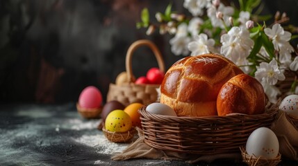 Obraz na płótnie Canvas A fresh braided loaf with a glossy crust alongside speckled eggs and spring flowers against a dark backdrop.