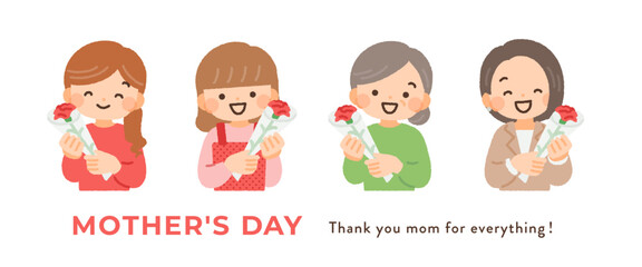 母の日にカーネーションを持つお母さんのイラスト素材