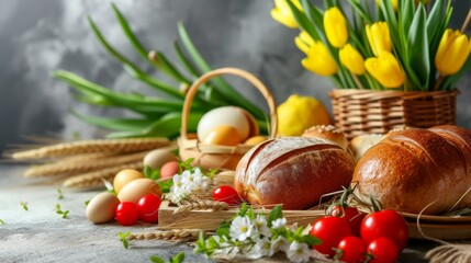 Obraz na płótnie Canvas An Easter spread with eggs, bread, and yellow tulips evokes a festive springtime ambiance.