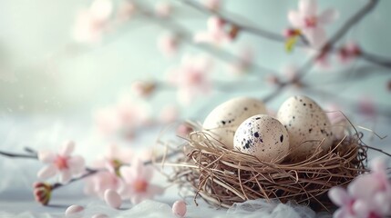Traditional Easter  Surrounded by Pastel Eggs and Cherry Blossoms on white Background