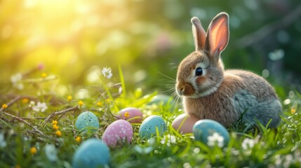 A brown rabbit sits beside decorated eggs amidst vibrant spring flowers.